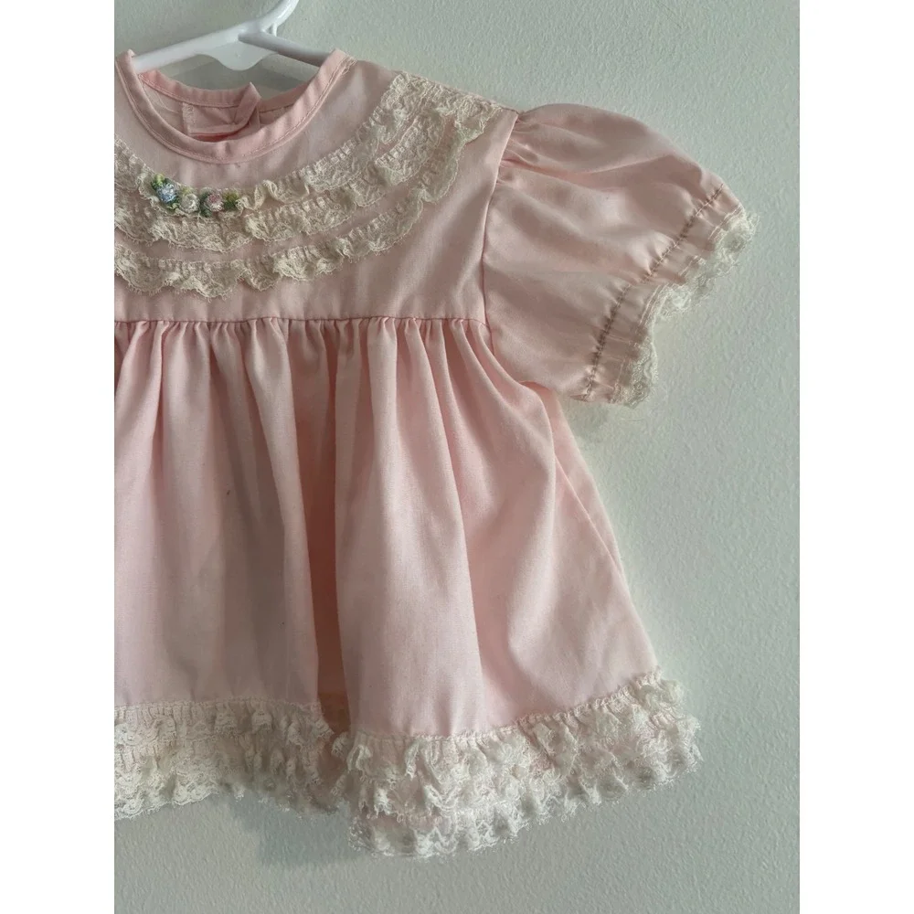 Unbranded Vintage Style Lace Trim Baby‎ Top 6-9M Pink Floral Embroidery Bow girl
